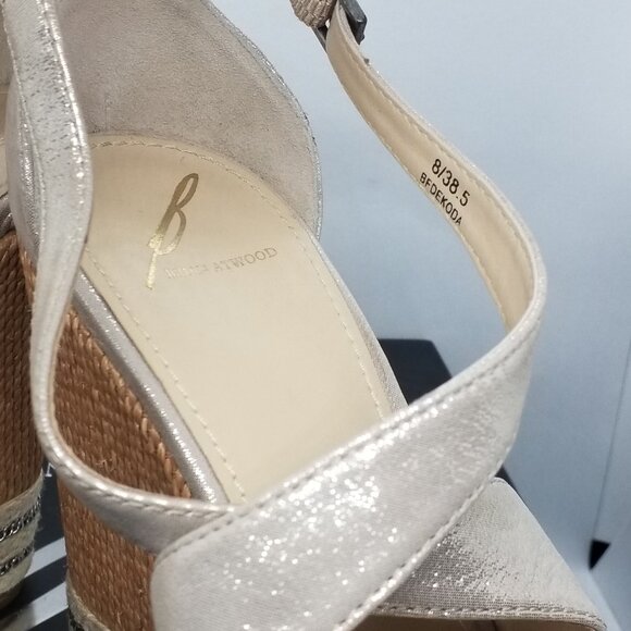 Brian Atwood size 8 Metallic Leather Platform Wedge Sandals with Rattan and Jute - Picture 7 of 9